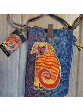 NWT Laurel Burch Dog Slim Crossbody Purse Snap Zip Close Boho Gold Embroidery
